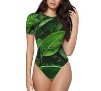 CNTDBU Green Leaf Nature - Body de manga corta para mujer, suave, elástico, cuello redondo, con entrepierna a presión, versátil para jeans, faldas, pantalones, uso diario, Negro, L