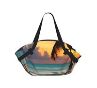 CNTDBU Hamaca de playa 2 en 1 con diseño de puesta de sol, plegable, impermeable, redonda, para parque de playa, bolsa portátil de camping con bolsillos de almacenamiento para aventuras al aire libre