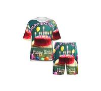 CNTDBU Hermoso conjunto de pijama de manga corta para hombre, diseño de feliz cumpleaños, suave, transpirable, ropa de dormir de verano, ropa de descanso ligera con bolsillos para el hogar, Negro, M