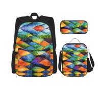 CNTDBU Juego de mochila de almuerzo con diseño de escamas de pez arcoíris, bolsa de viaje 3 en 1 para viajeros, bolsa de almuerzo aislada para el trabajo con funda para laptop