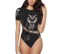 CNTDBU Late Night Owl - Body de manga corta para mujer, suave, elástico, cuello redondo, con entrepierna a presión, parte superior versátil para jeans, faldas, pantalones, uso diario, Negro, XXL
