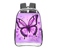 CNTDBU Mochila transparente de mariposa morada de 16 pulgadas, bolsa de PVC transparente aprobada para estadios, bolsillo frontal con estampado personalizado, mochila ligera de viaje, unisex