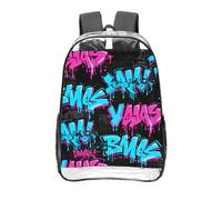 CNTDBU Mochila transparente estilo graffiti callejero de 16 pulgadas, bolsa de PVC transparente aprobada para estadios, bolsillo frontal con estampado personalizado, mochila ligera de viaje, unisex