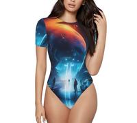 CNTDBU Science Fiction Future - Body de manga corta para mujer, suave, elástico, cuello redondo, con entrepierna a presión, versátil para jeans, faldas, pantalones, uso diario, Negro, L