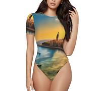 CNTDBU Sunset in Barcelona - Body de manga corta para mujer, suave, elástico, cuello redondo, con entrepierna a presión, versátil para jeans, faldas, pantalones, uso diario, Negro, XL