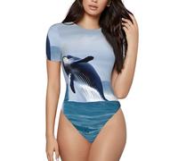 CNTDBU Whales at sea - Body de manga corta para mujer, suave, elástico, cuello redondo, con entrepierna a presión, versátil para jeans, faldas, pantalones, uso diario, Negro, L