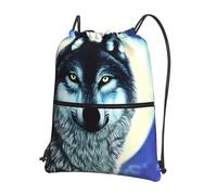 CNTDBU Wolf Under Moon - Mochila con cordón y cremallera, impermeable, ligera, para deportes de gimnasio, bolsa ajustable para viajes, senderismo