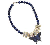 CNTUSRXT Round Blue Tiger Eye Gold Edge Black Biwa Pearl Necklace Butterfly Pendant 20" for women For Women