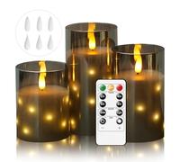 Cnulenzt Velas LED sin llama de cristal, funciona con pilas con cadena de luces de estrella integrada, velas LED con mando a distancia y temporizador, decoración del hogar, cera real, juego de 3