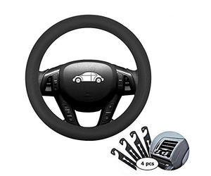 CNYMANY Directo Negro Silicona Auto Cubierta del Volante del Coche 13"-15" / 33-38cm, con 4 Piezas Gancho de Ventilación de Aire