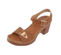 CNYUON Sandalias de tacón con hebillas ajustables, múltiples tiras, medio grueso, color liso, una sola línea, for mujer(Brown,39)