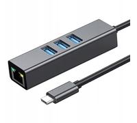 CO2 Tarjeta de red USB C a Ethernet, 3 x USB, adaptador Gigabit RJ-45 LAN 10/100/1000 Mbps, Plug & Play, indicadores LED, chip Realtek RTL8153, aluminio gris espacial, compatible con MacBook, PC, TV