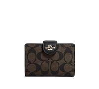 COACH Cartera mediana con cremallera en las esquinas para mujer en lona distintiva, dorado/marrón negro, M, cremallera alrededor