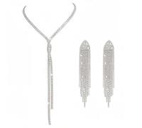 COACOM 1 Collar De Diamantes Brillantes Y 1 Par De Aretes, Accesorios De Plata Brillante, Cadena Larga para Suéter En Forma De Y, Adecuada para Fiestas Y Uso Diario.