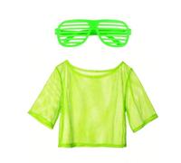 COACOM 1 Top De Malla Verde, 1 Gafas De Sol Huecas, Top Fluorescente De Los Años 80, Divertidas Gafas De Fiesta, Decoración De Traje De Graduación.