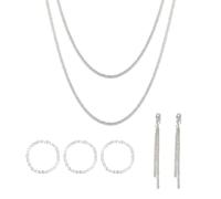 COACOM 2 Cadenas Plateadas con Purpurina, 1 Par De Pendientes De Borlas, 3 Anillos Sencillos De Plata, Cadenas Apilables para Clavícula, Joyería De Moda para Mujer.