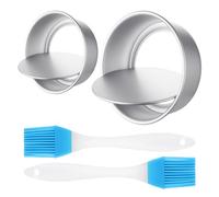 COACOM 2 Moldes Redondos para Tartas con Base Extraíble, 2 Cepillos de Silicona, Herramientas de Horneado de Aluminio para Fiestas de Cumpleaños y Bodas
