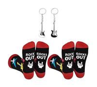 COACOM 2 Pares De Calcetines De Guitarra Rock, 2 Llaveros De Guitarra De Metal, Cómodos Calcetines De Algodón Para Hombre, Divertidos Adornos De Mochila, Regalos Para Amantes De La Música.