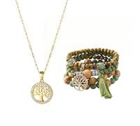 COACOM 4 Pulseras del Árbol De La Vida Y 1 Collar De Oro, Cuentas De Estilo Bohemio, Pulsera De Borla Trenzada Elástica, Recuerdo.