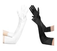 COACOM Juego de 2 guantes largos de disfraces en blanco y negro, accesorios de disfraz para fiestas, bailes y bodas, guantes de terciopelo y satén, 21 pulgadas, negro, blanco, Talla única