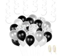 COACOM Juego De Globos Blancos Y Negros De 30 Piezas con 1 Rollo De Cinta, 6 Coles En Espiral, Decoración De Ambiente De Fiesta, Adecuado para Cumpleaños Y Fiestas Navideñas