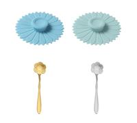 COACOM Tapas De Taza De Girasol De 2 Piezas Y Cucharas De Flores De 2 Piezas, Ajuste De Silicona Suave, Viaje Al Aire Libre Y En Casa (Combinación De Colores Azul Y Verde).