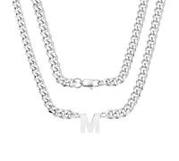Coagurmes Collar de cadena de eslabones cubanos de plata con 26 letras iniciales A-Z, regalo para hombres, niños, papá, hijo, sobrino, novio, marido, cumpleaños, Navidad, día del padre, 50cm, Acero