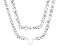 Coagurmes Collar de cadena de eslabones cubanos de plata con 26 letras iniciales A-Z, regalo para hombres, niños, papá, hijo, sobrino, novio, marido, cumpleaños, Navidad, día del padre, 50cm, Acero