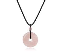 COAI Collar Ajustable con Colgante Redondo Ping'an Kou de Cuarzo Rosa Piedra Natural para Mujeres