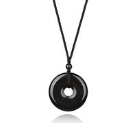 COAI Collar Ajustable con Colgante Redondo Ping'an Kou de Obsidiana Negra Piedra Natural para Hombres y Mujeres