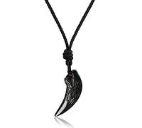 COAI Collar Ajustable para Hombre con Colgante Diente de Lobo en Obsidiana Negra Piedra Natural
