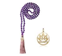 COAI Collar Budista 108 Cuentas Mala de Amatista con Borla Rosa y Amuleto Namaste