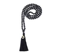 COAI Collar Budista Mala 108 Cuentas de Obsidiana Piedra Natural Anudadas a Mano con Borla y Amuleto OM para Hombres y Mujeres