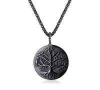 COAI Collar de Acero Inoxidable con Colgante Árbol de la Vida de Piedra Natural Obsidiana Negra para Hombres y Mujeres 50cm