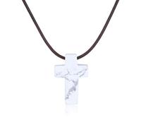 COAI Collar de Cuero Genuino para Hombre y Mujer con Colgante de Cruz de Howlita, Collar de Cruz Unisex