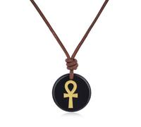 COAI Collar de Cuero Genuino para Hombre y Mujer con Colgante de Obsidiana Negra, Collar Unisex de Obsidiana con el Símbolo de la Cruz Ankh