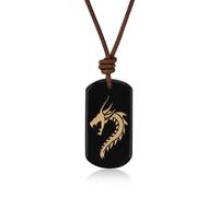 COAI Collar de Cuero Italiano Auténtico con Colgante de Obsidiana Negra con Dragón Unisex