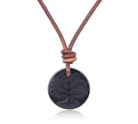 COAI Collar de Cuero Italiano Genuino para Hombre y Mujer, Collar con Colgante Árbol de la Vida de Obsidiana 60cm