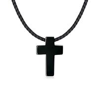 COAI Collar de Cuero Negro Genuino con Colgante Cruz de Obsidiana Negra Piedra Natural para Hombre