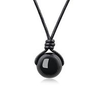 COAI Collar de Cuero Negro para Hombre y Mujer con Colgante Esfera Redonda de Obsidiana Piedra Natural
