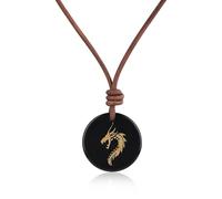 COAI Collar de Cuero para Hombre, Collar de Cuero Italiano Auténtico con Colgante de Obsidiana Negra con Dragón