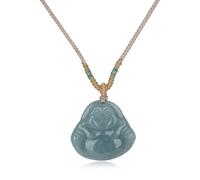 COAI Collar de Jade Guatemalteco Natural, para Hombre y Mujer, Collar Ajustable con Cordón Beige y Colgante Buda de Jade
