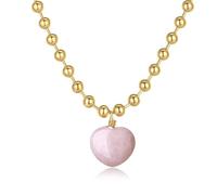 COAI Collar de Mujer de Cadena de Bolas de Acero Inoxidable Chapado en Oro con Colgante de Corazón de Cuarzo Rosa, Collar de Piedra Natural para Mujer