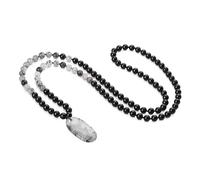 COAI Collar Japa Mala 108 Cuentas de Onix Negro y Cuarzo Rutilado Negro, Collar Unisex de Cuentas de Piedra Dura con Colgante de Cuarzo Rutilado Negro