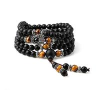 COAI Collar Japa Mala Multicapa 108 Cuentas de Ónice Mate con Ojo de Tigre Piedras Naturales y Amuleto Mano de Fátima