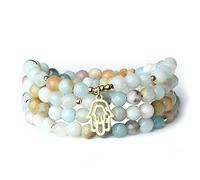 COAI Collar Japa Mala Pulsera Multicapa 108 Cuentas de Amazonita Piedra Natural y Amuleto Mano de Fátima
