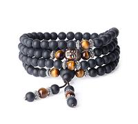 COAI Collar Japa Mala Pulsera Multicapa 108 Cuentas de Ónice Mate y Ojo de Tigre Marrón Rosario Budista de Oración y Protección para Yoga y Meditación Hombre Mujer