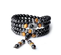 COAI Collar Japa Mala Pulsera Multicapa 108 Cuentas de Ónice Negro con Ojo de Tigre Piedras Naturales y Amuleto Mano de Fátima Rosario de Protección para Yoga y Meditación