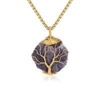 COAI Collar Largo de Acero Inoxidable para Mujer con Colgante de Amatista Piedra Natural en Bruto con Árbol de la Vida