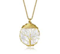 COAI Collar Largo de Acero Inoxidable para Mujer con Colgante de Cuarzo Blanco Piedra Natural en Bruto con Árbol de la Vida
